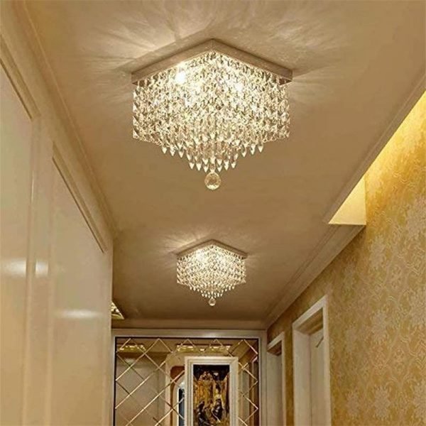 Hallway Crystal Chandelier Modern Square Raindrop Flush Mount Ceiling Light