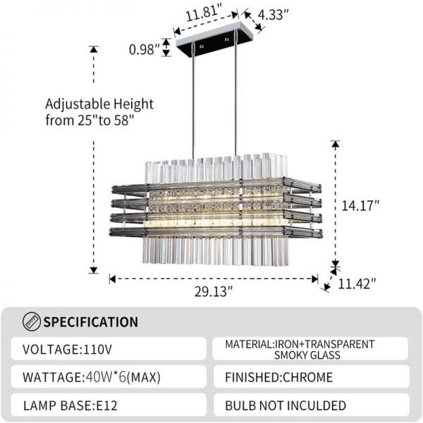 Rectangular Pendant Crystal Hanging Light for Kitchen Island Living Room